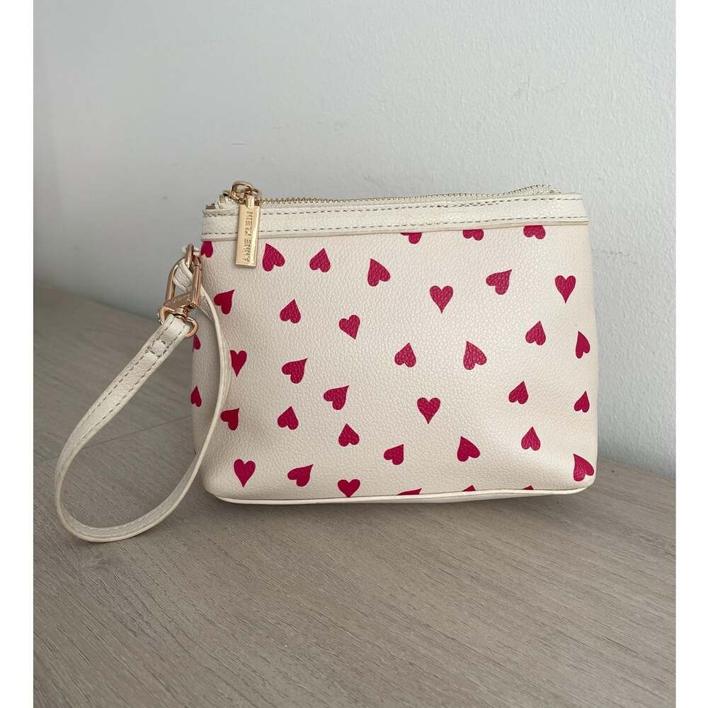 Anne Klein Heart Print Wristlet Zip Pouch White Pink Gold Hardware Faux Leather